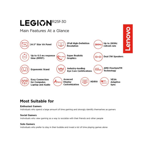 Lenovo Legion R25f-30 24 inch Gaming Monitor | FHD, 1080p, 240Hz, VA, 0.5ms, HDMI, DP | AMD Freesync Premium | PS5, Xbox, PC screen