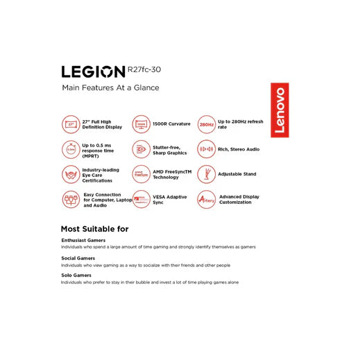 Lenovo Legion R27fc-30 27" FHD Curved Pro Gaming Monitor (280Hz (OD), 0.5 MPRT, FreeSync Premium)